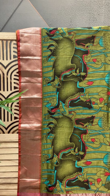Green- Digital Print Mangalagiri Silk Saree