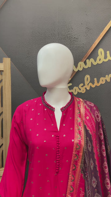 Size 38- Pink Pure Gajji Silk Kurti set