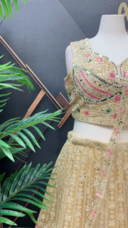 Plus Size Heavy Work Light Gold Lehenga Set Net Fabric