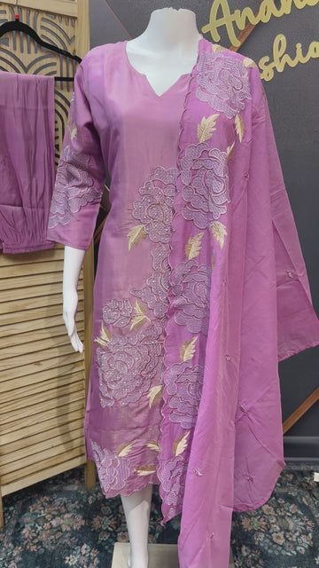 Lavender Party Wear Tissue Kurti Set - Machine Embroidery