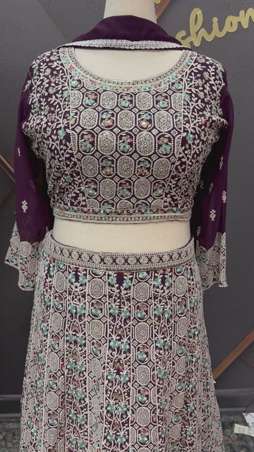 Plus Size Wine Color Heavy Work Georgette Lehenga Set - Double Sided Embroidery