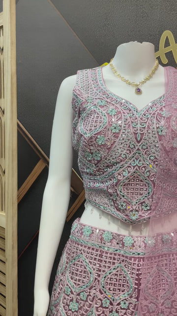 Pastel Net Lehenga Set with Real Mirror Work - Heavy Thread Embroidery