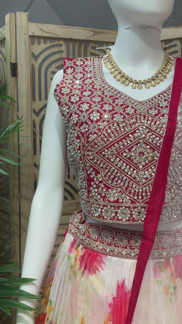 White & Red Floral Lehenga Set Size 40 - Party Wear